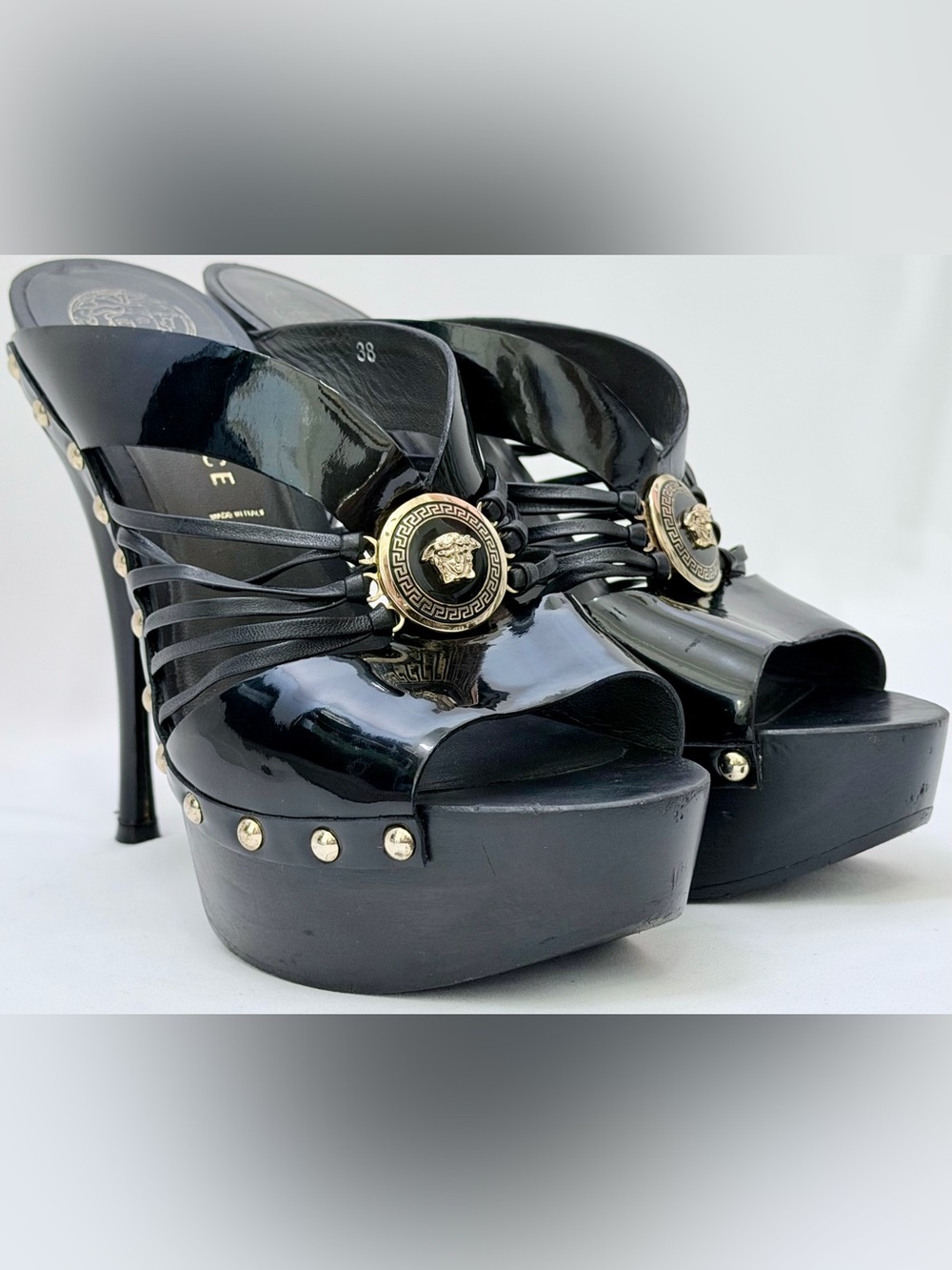 Versace Y2K Medusa Patent Leather Caged Platform Stiletto Mule Heels Black IT 38